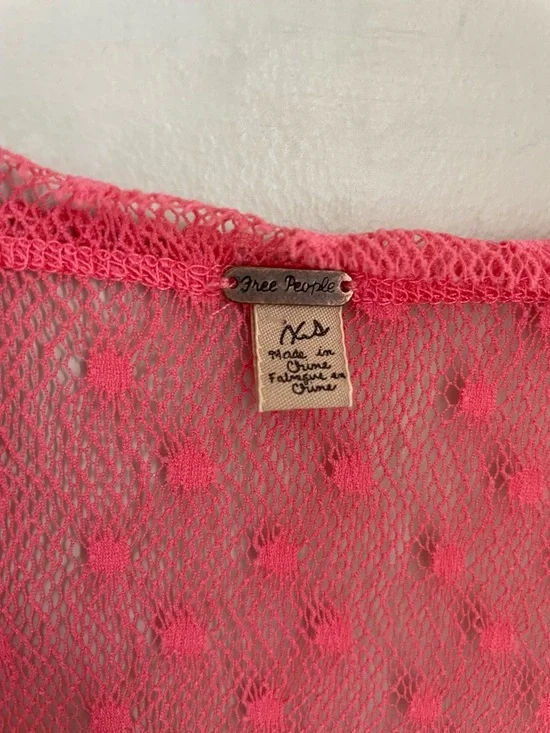 Free People Sheer Pink Polka Dot Lace Long Sleeve Top Size XS Boho Y2K indie - Picture 6 of 11